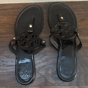 Tory Burch Patent Black Miller Logo Thong Sandals